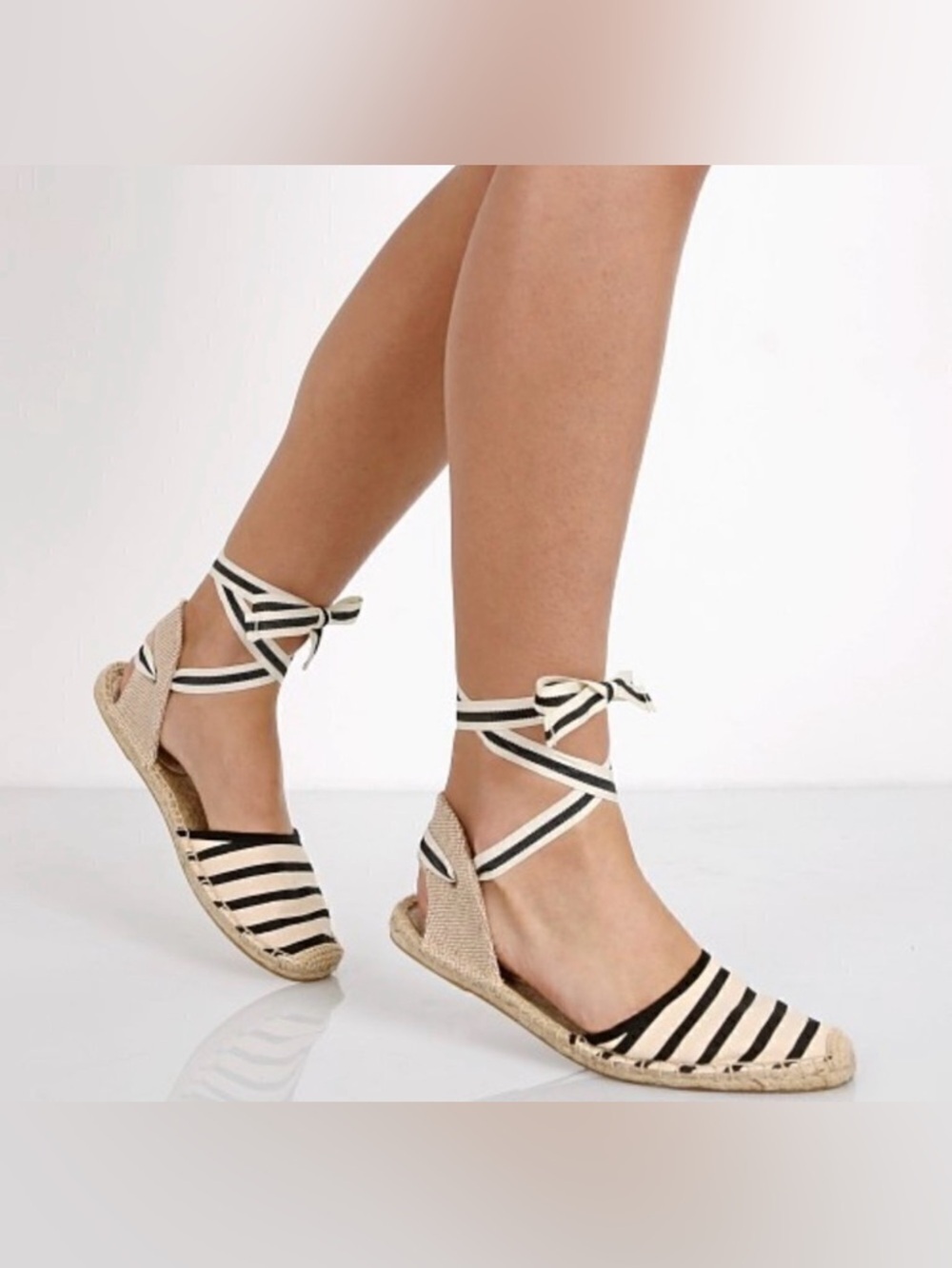 Soludos espadrille flat shoes canvas leg ankle tie cream black stripe 9.5